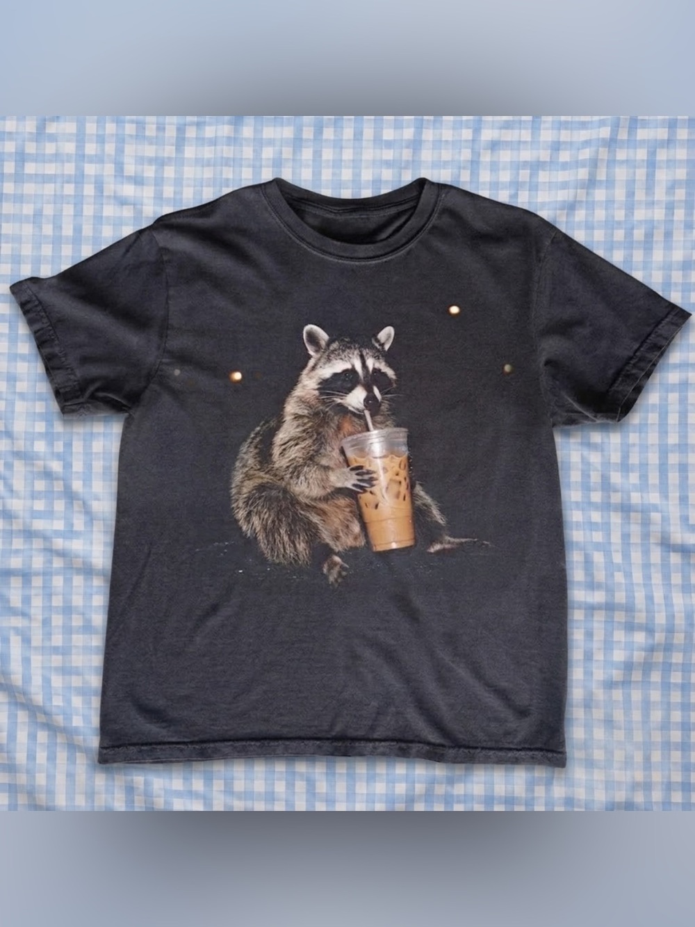 Black Funny Raccoon Graphic Tee - Cute Iced Coffee Design